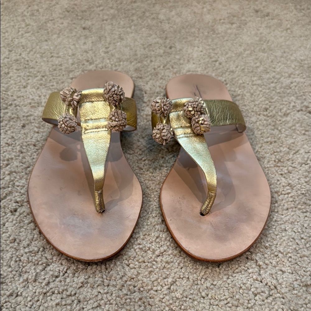Gold Women's Sandals Loeffler Randall pompoms 9 flip flops leather